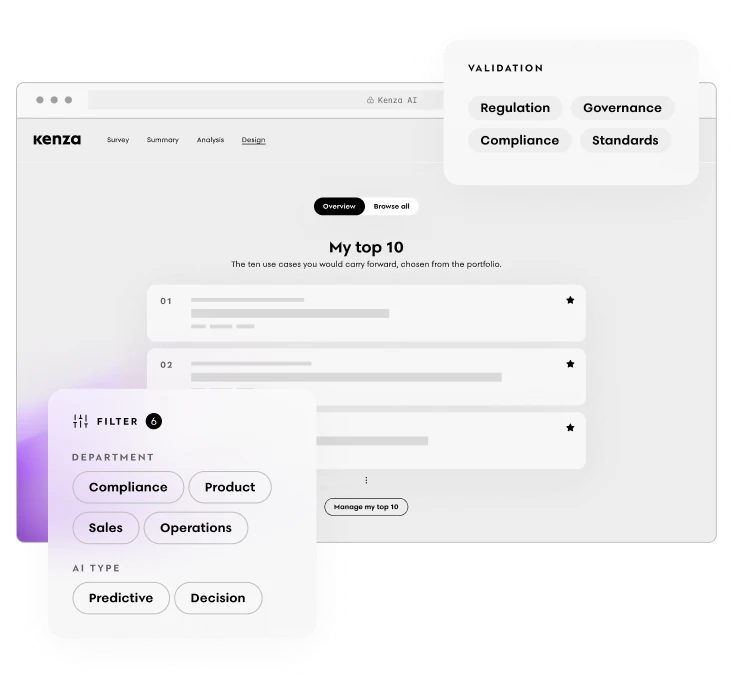 Kenza AI platform, Design phase — the top-ten use cases your teams choose, with department and AI-type filters and validation tags